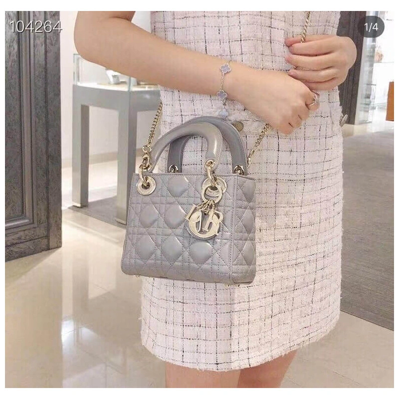 17 x 15 x Christian Dior Mini Lady Dior Bag Grey Cannage Lambskin - Image 5