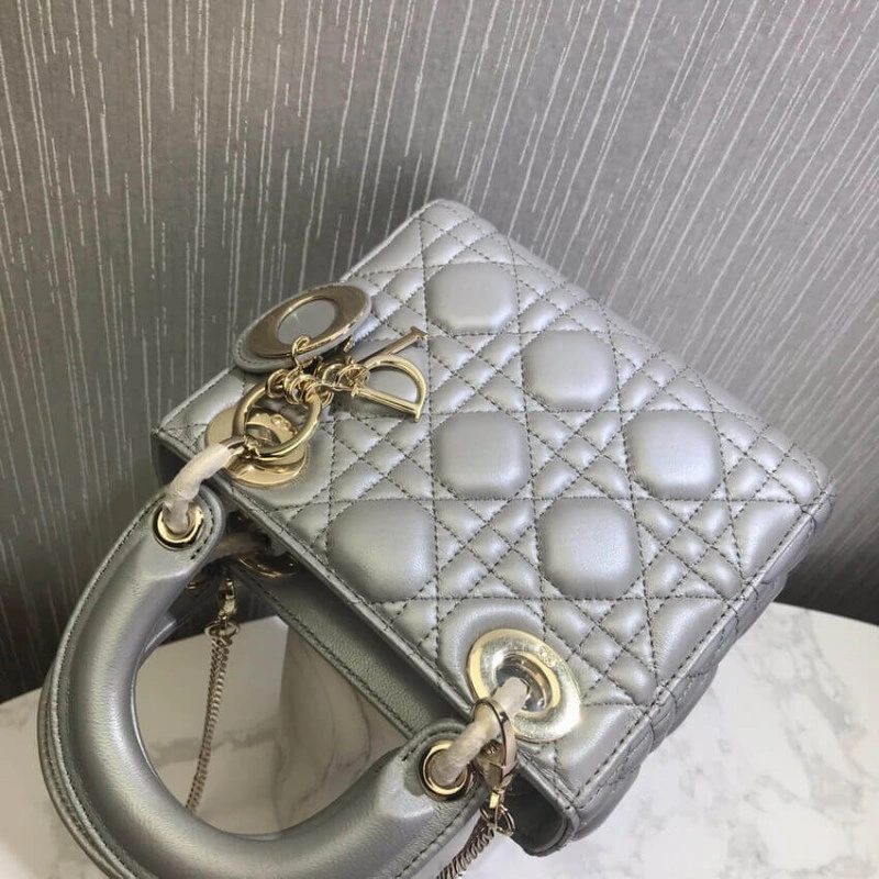 17 x 15 x Christian Dior Mini Lady Dior Bag Grey Cannage Lambskin - Image 14