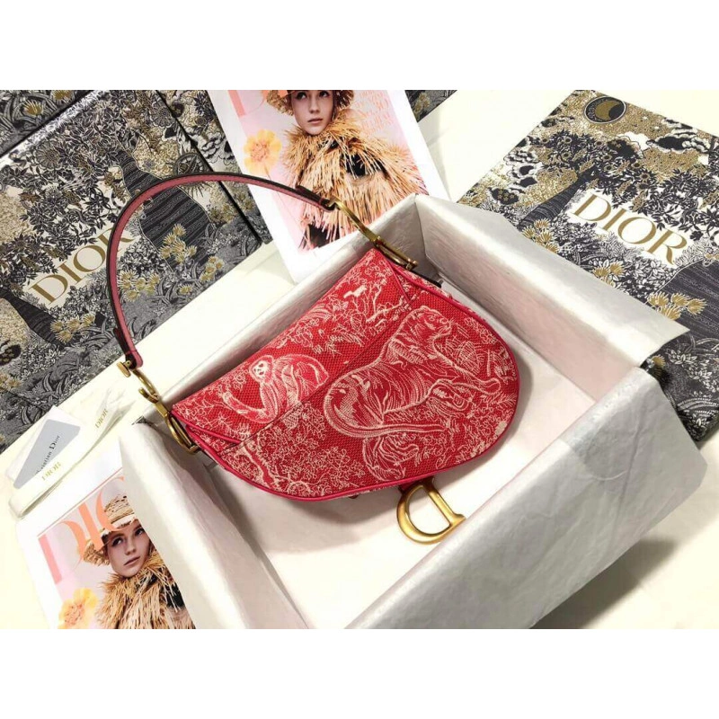 'CD' sign Christian Dior Saddle Bag Raspberry Toile de Jouy Reverse Jacquard - Image 3