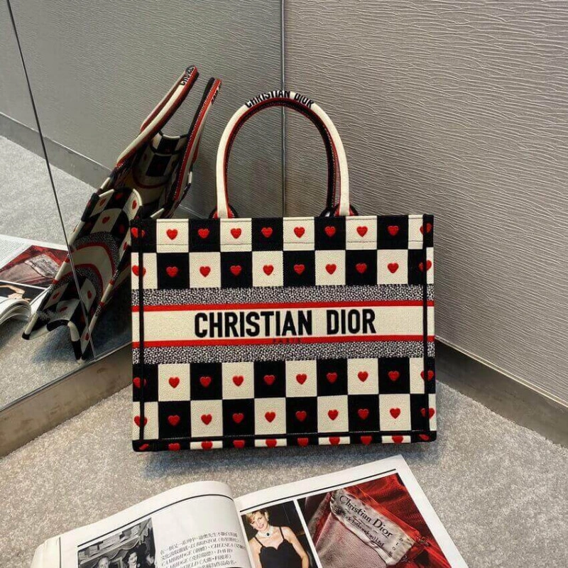 Black, Wh Christian Dior Small Dioramour Book Tote D-Chess Heart Embroidery - Image 5