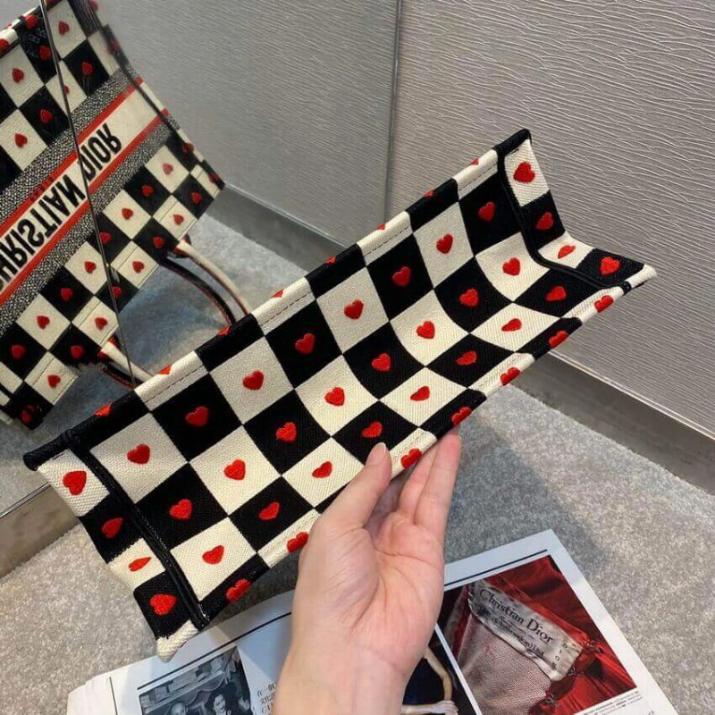 Black, Wh Christian Dior Small Dioramour Book Tote D-Chess Heart Embroidery - Image 10