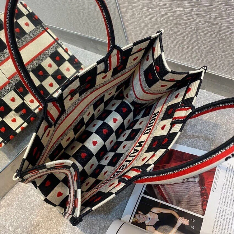 Black, Wh Christian Dior Small Dioramour Book Tote D-Chess Heart Embroidery - Image 12