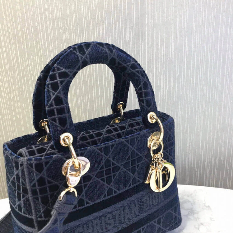 Interior Dior Medium Lady D-Lite Bag Blue Cannage Embroidered Velvet - Image 5