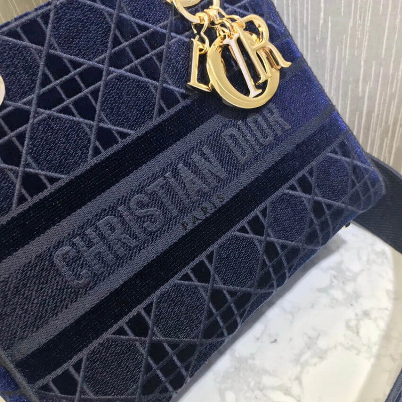 Interior Dior Medium Lady D-Lite Bag Blue Cannage Embroidered Velvet - Image 6