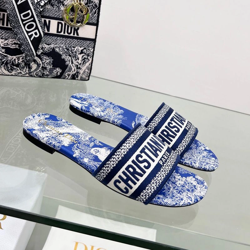 GoodFit 5446 Christian Dior Dway Slides Women Toile De Jouy Motif Canvas Bright Blue - Image 3