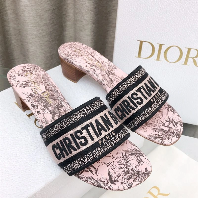 Popular 4936 Christian Dior Dway Slides Women Jardin d'Hiver Motif Canvas Pink - Image 3