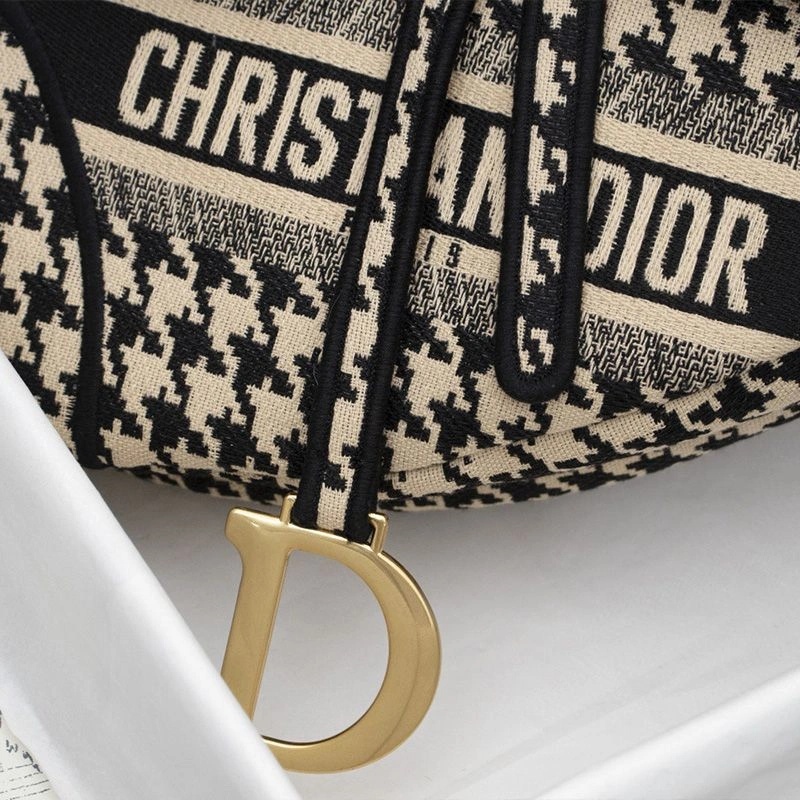 Christian Dior Saddle Bag Houndstooth Motif Canvas Black - Image 5