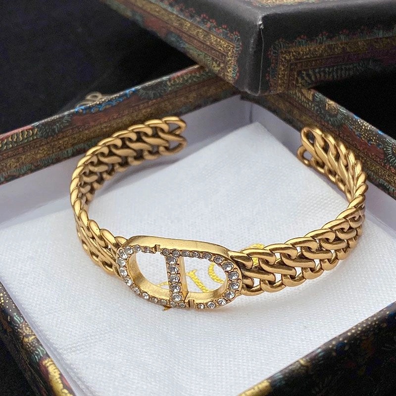 Dior 30 Montaigne Cuff Bracelet Antique Metal and White Crystals Gold - Image 3