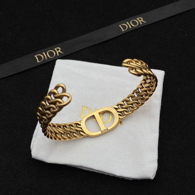 Dior 30 Montaigne Cuff Bracelet Antique Metal and White Crystals Gold - Image 4
