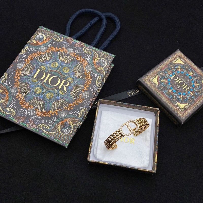 Dior 30 Montaigne Cuff Bracelet Antique Metal and White Crystals Gold - Image 5