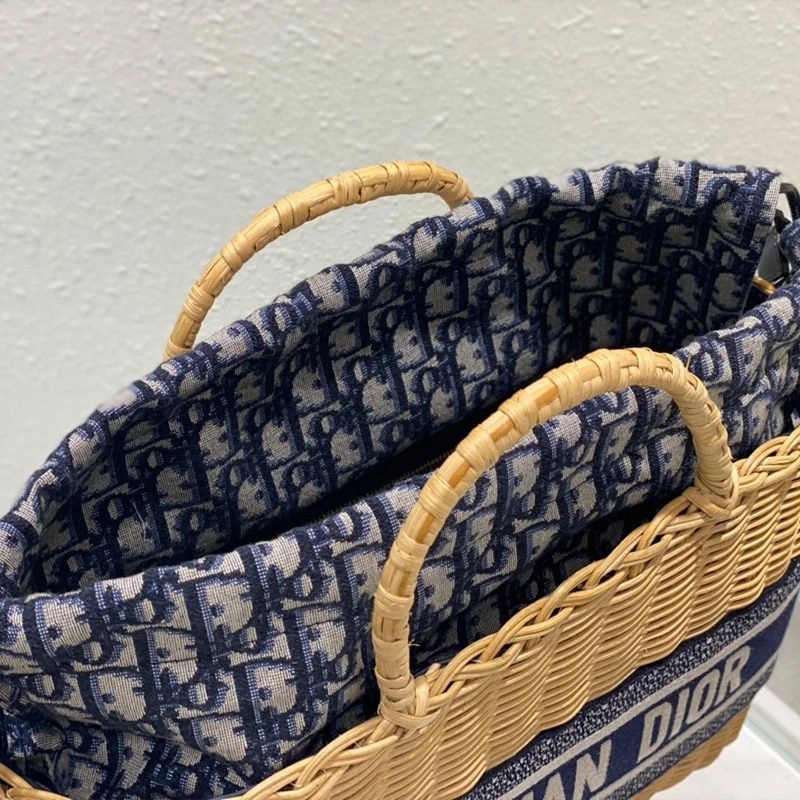 Dior Basket Bag Wicker and Oblique Motif Canvas Blue - Image 5
