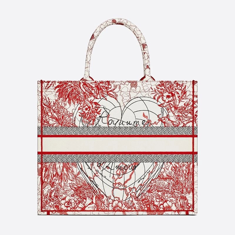 Dior Book Tote Dioramour D-Royaume d'Amour Motif Canvas Red White - Image 3