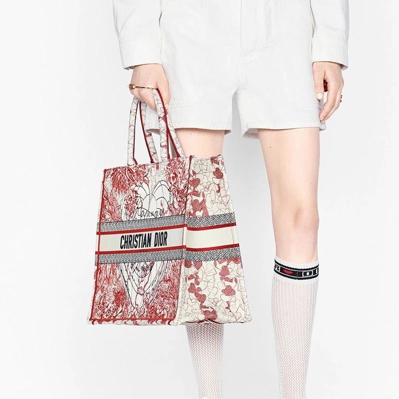 Dior Book Tote Dioramour D-Royaume d'Amour Motif Canvas Red White - Image 5