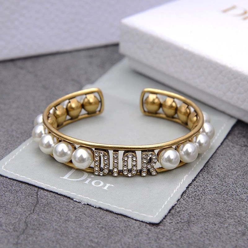 Dior Cuff Bracelet Antique Metal with White Resin Pearls and White Crystals Gold - Image 3