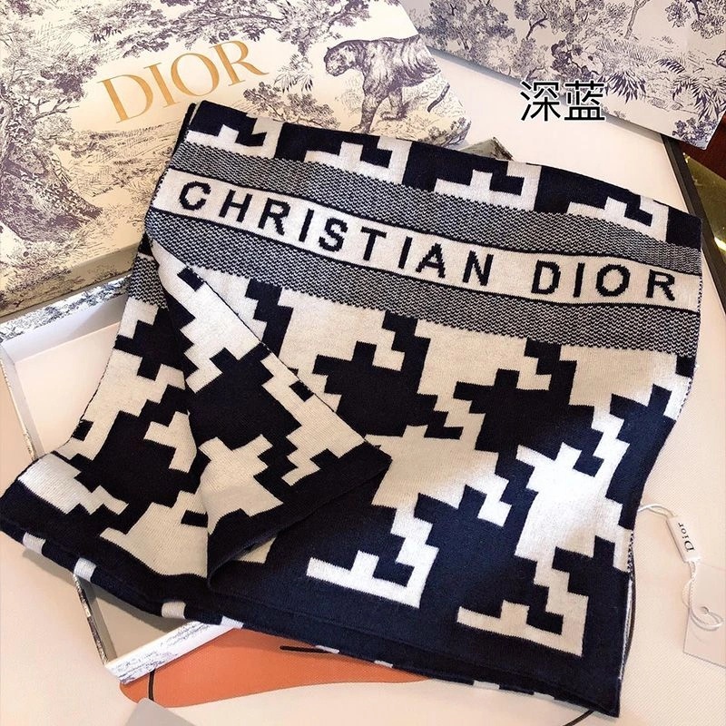 Dior Scarf Macro Houndstooth Motif Technical Cashmere and Wool Navy Blue - Image 4