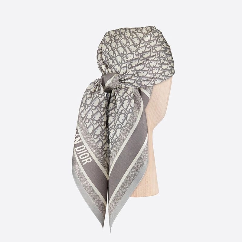 Dior Square Scarf Oblique Diortwin Motif Silk Grey Navy Blue - Image 4