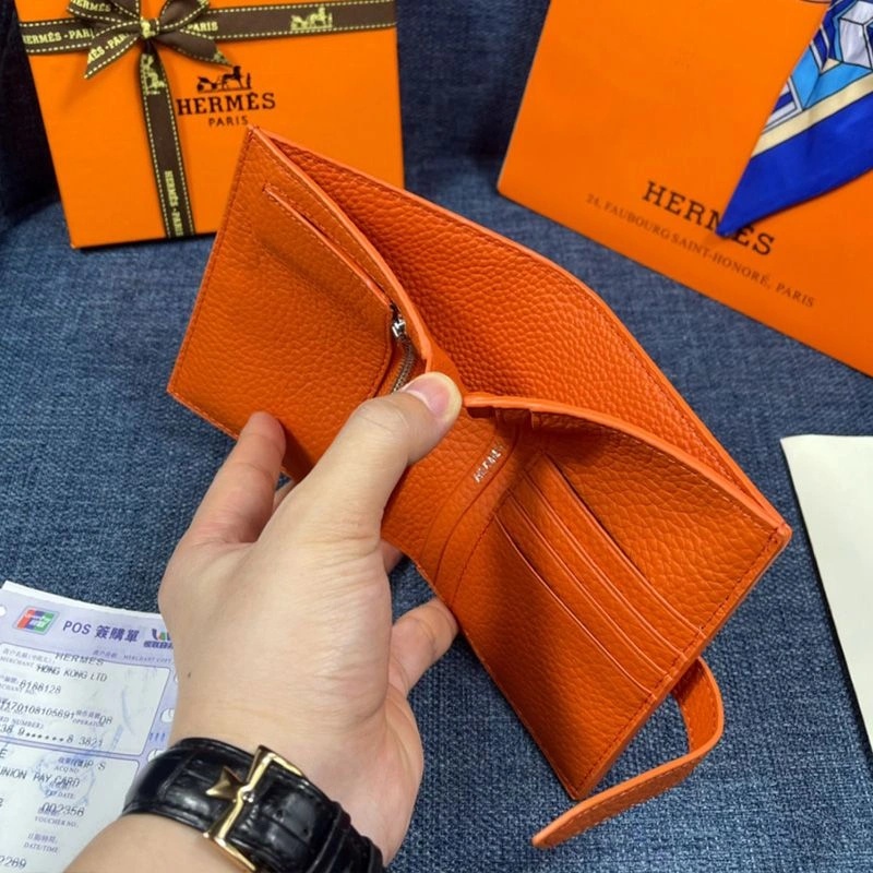 Hermes Bearn Compact Wallet Togo Leather Palladium Hardware In Orange - Image 4