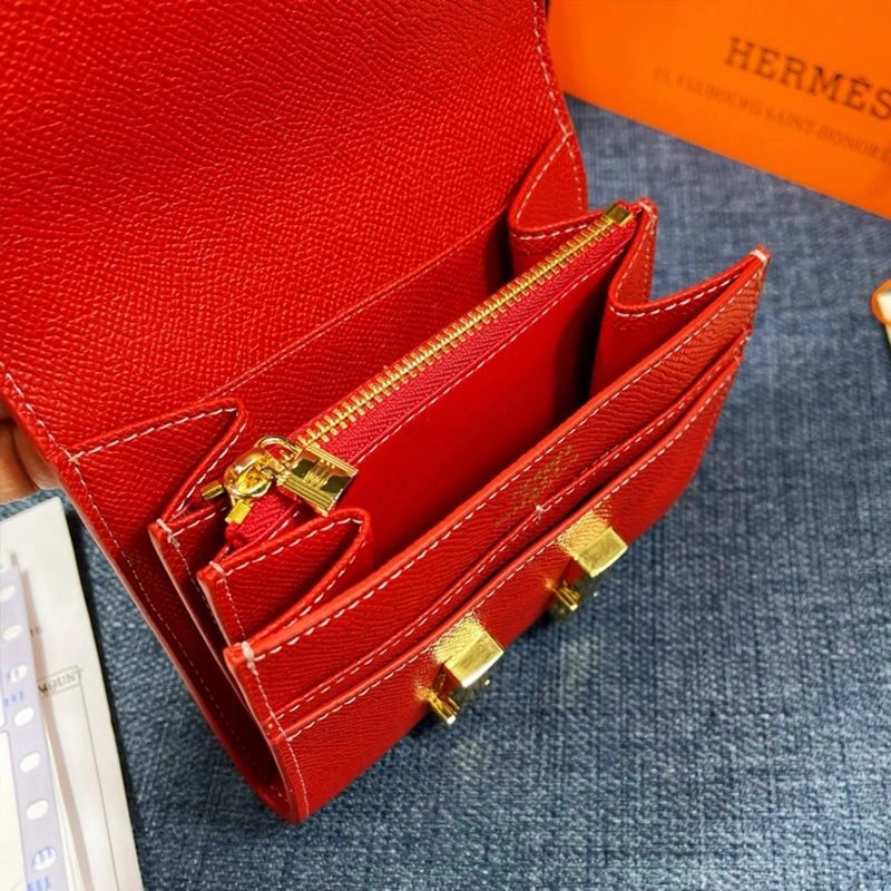 Hermes Constance Compact Wallet Epsom Leather Gold Hardware In Red - Image 4