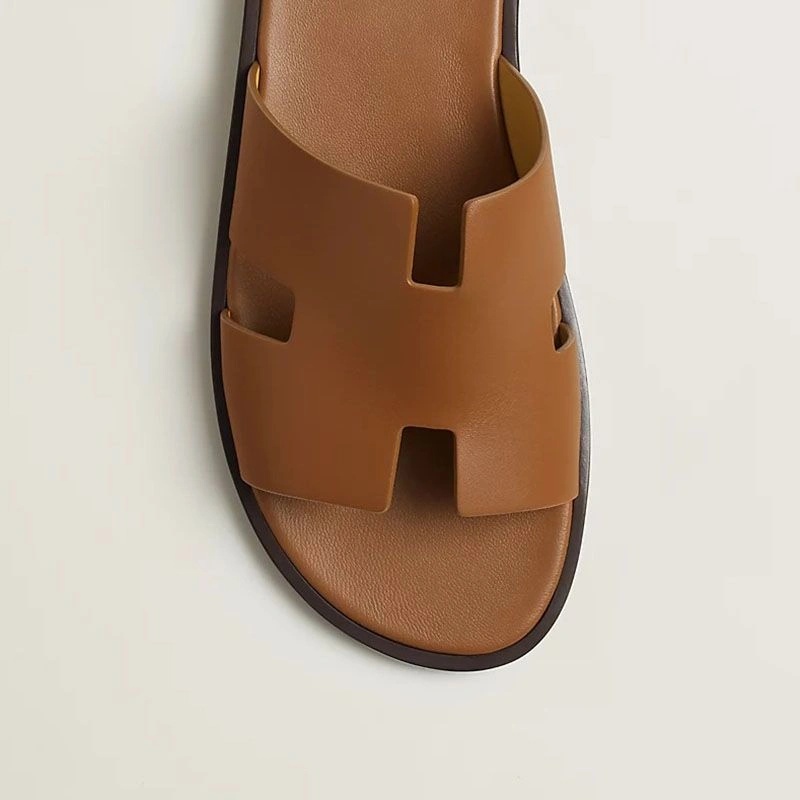 Hermes Izmir Slides Men Calfskin In Brown - Image 4