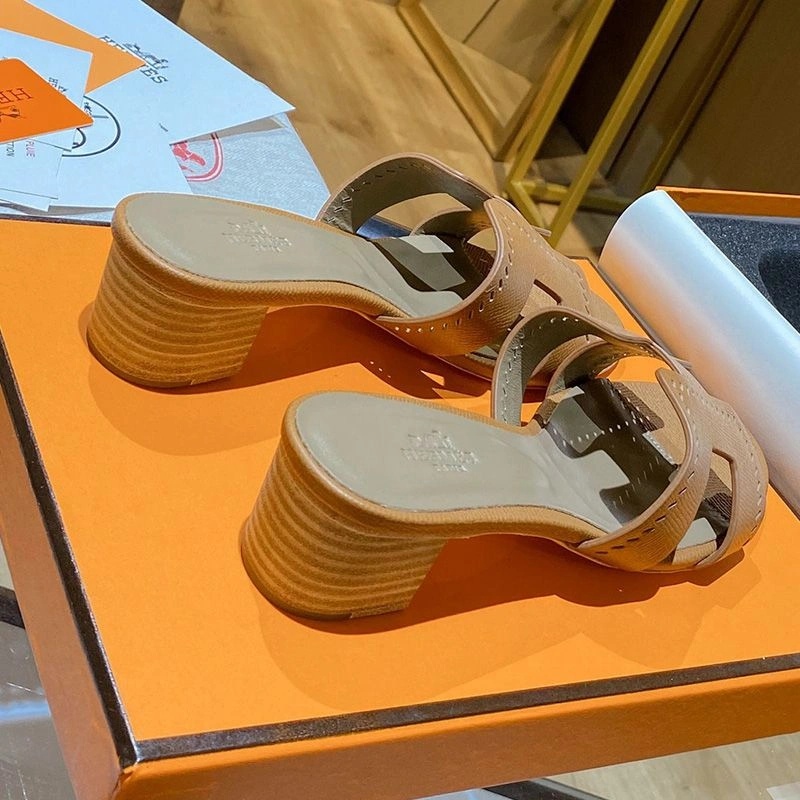 Hermes Oasis Slides Women Hollow Leather In Brown - Image 4