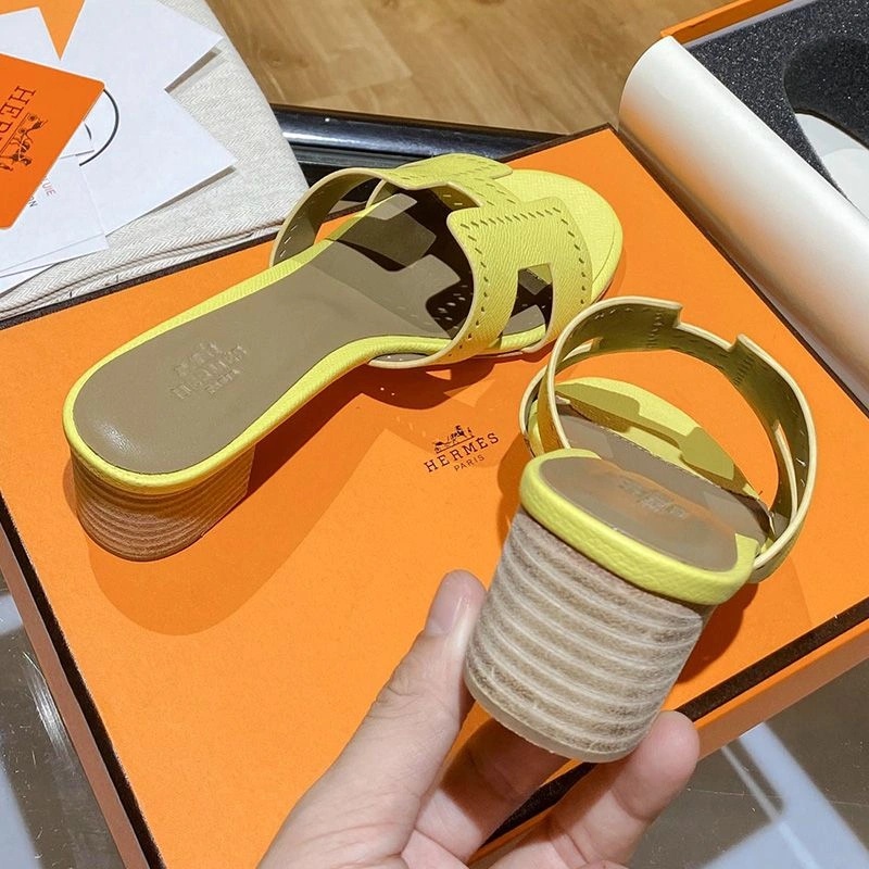 Hermes Oasis Slides Women Hollow Leather In Yellow - Image 3
