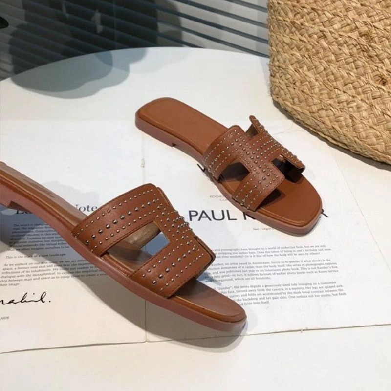 Hermes Oran Slides Women Palladium Studs Calfskin In Brown - Image 4