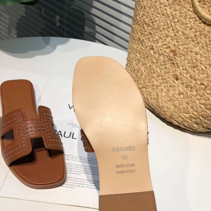 Hermes Oran Slides Women Palladium Studs Calfskin In Brown - Image 5