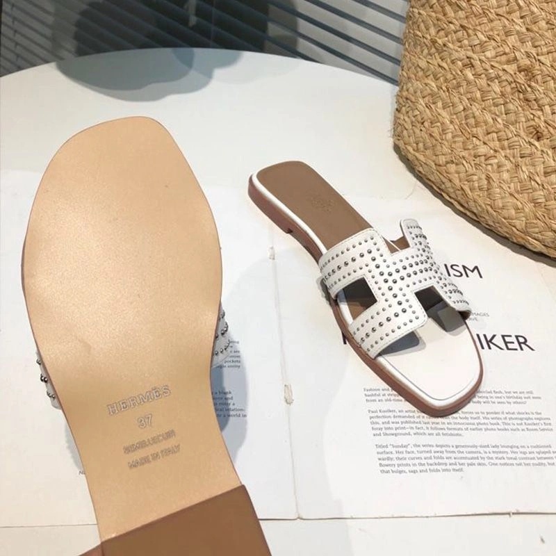 Hermes Oran Slides Women Palladium Studs Calfskin In White - Image 5