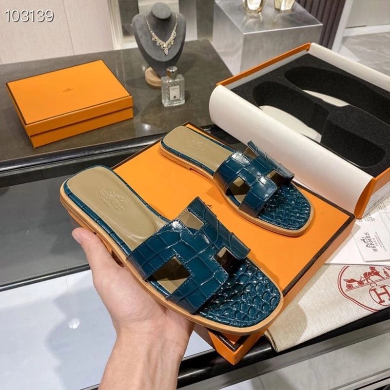 Hermes Oran Slides Women Alligator Leather In Blue - Image 5