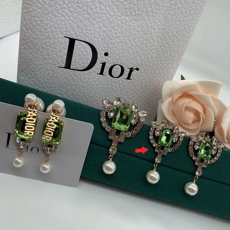 J'Adior Earrings Antique Metal, Silver and Green Crystals with White Resin Pearls Gold - Image 3