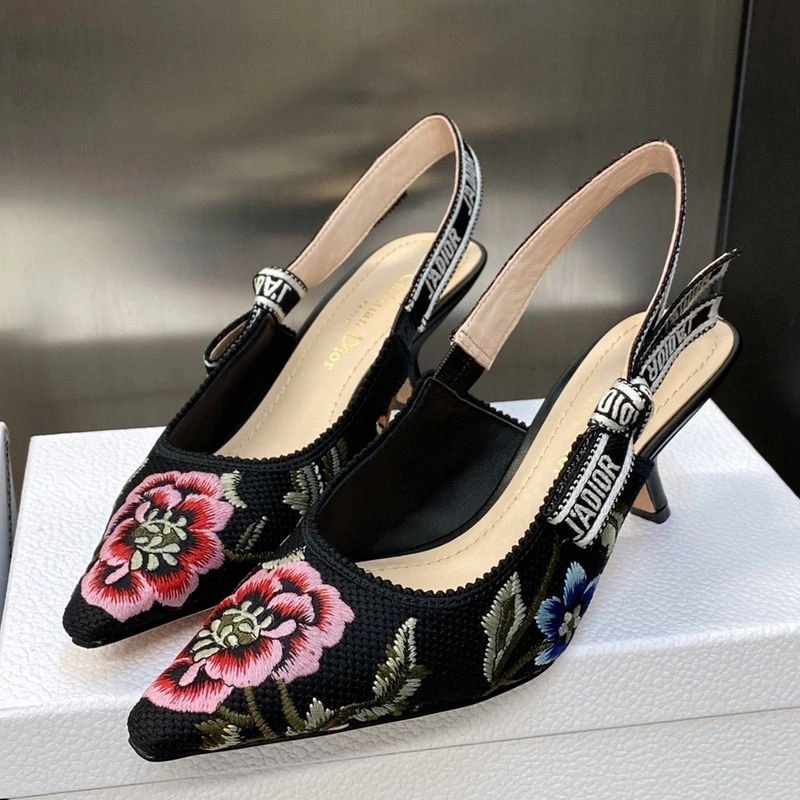 J'Adior Slingback Pumps Women Petites Fleurs Motif Canvas Black - Image 4
