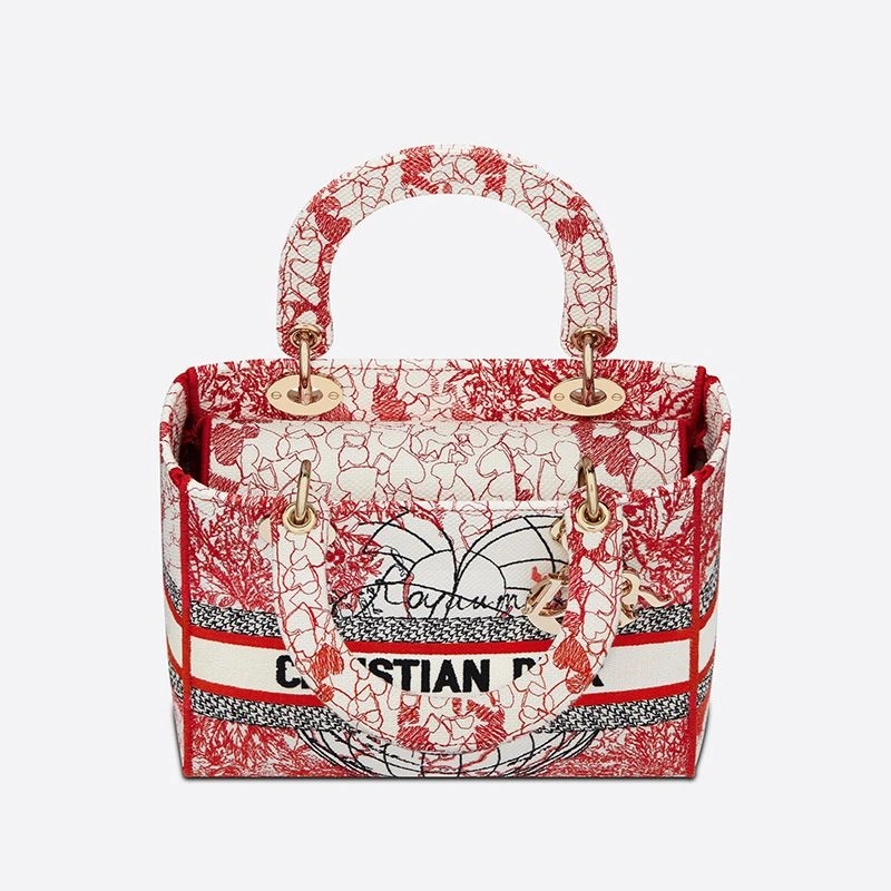 Medium Lady D-lite Bag Dioramour D-Royaume d'Amour Motif Canvas Red White - Image 4