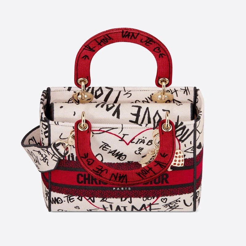 Medium Lady D-lite Bag Dioramour Graffiti Motif Canvas White - Image 4