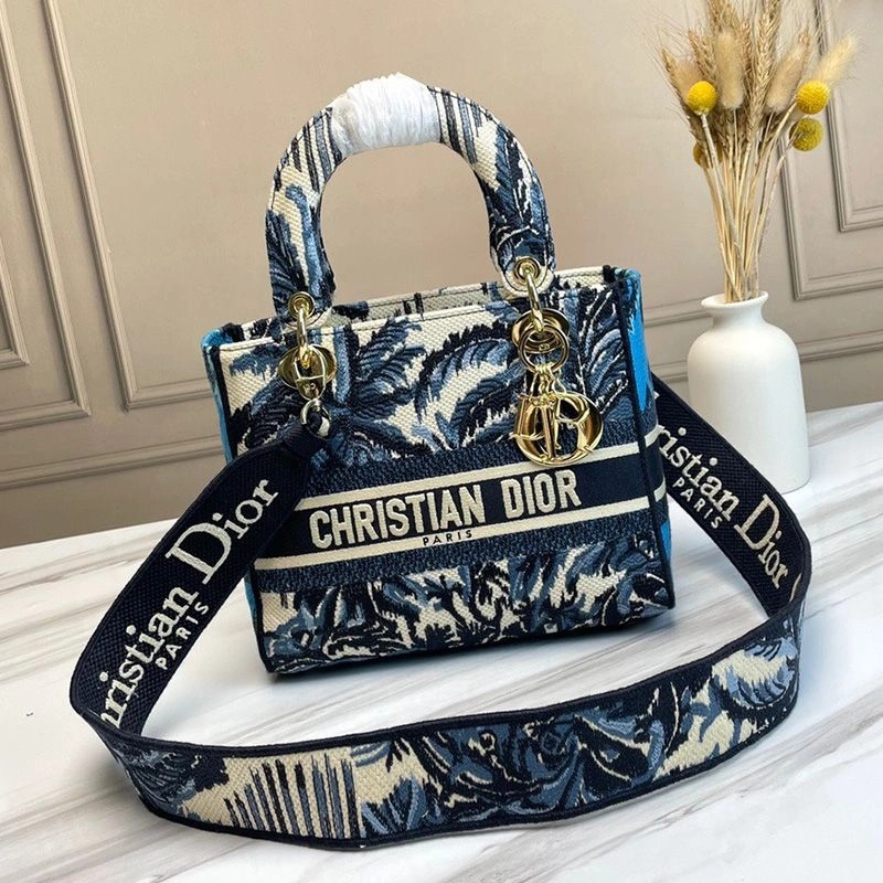 Medium Lady D-lite Bag Palms Motif Canvas Blue - Image 5