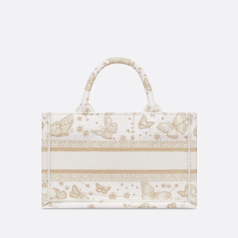 Mini Dior Book Tote with Strap Butterfly Zodiac Motif Canvas White Gold - Image 3